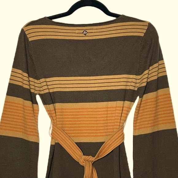 PrAna Sydney Sweater Dress with V-Neck & Tie Belt in Brown, Tan, & Orange, M - Picture 7 of 15